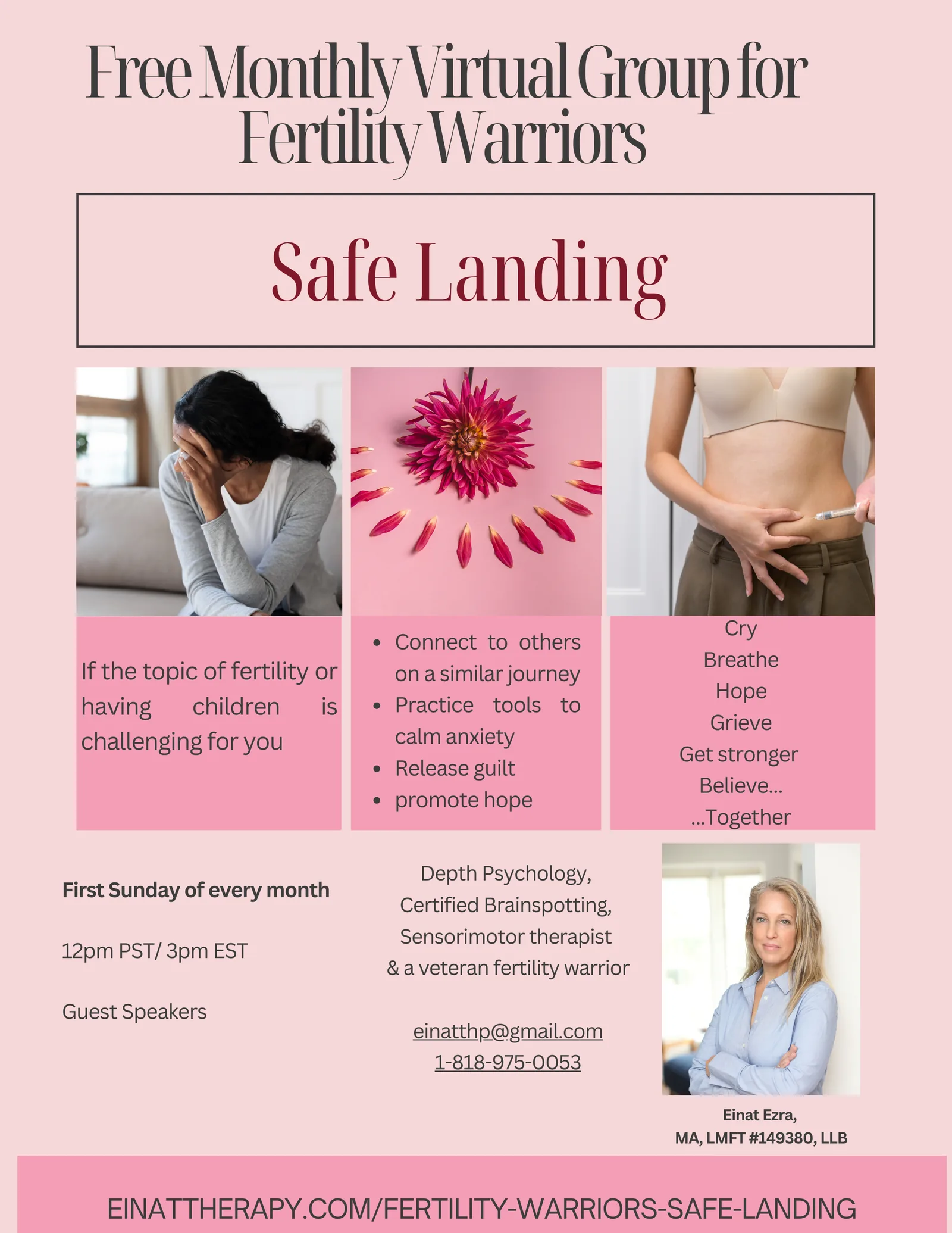 Flyer for a free virtual support group for women seeking fertility counseling, featuring a woman injecting treatment, a worried woman, a vibrant fertility flower, and compassionate therapist Einat Erza
